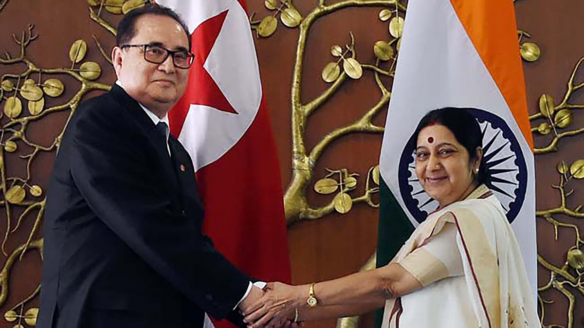 External Affairs Minister Sushma Swaraj with her North
Korean counterpart Ri Su Yong in New Delhi. (Photo: PTI)