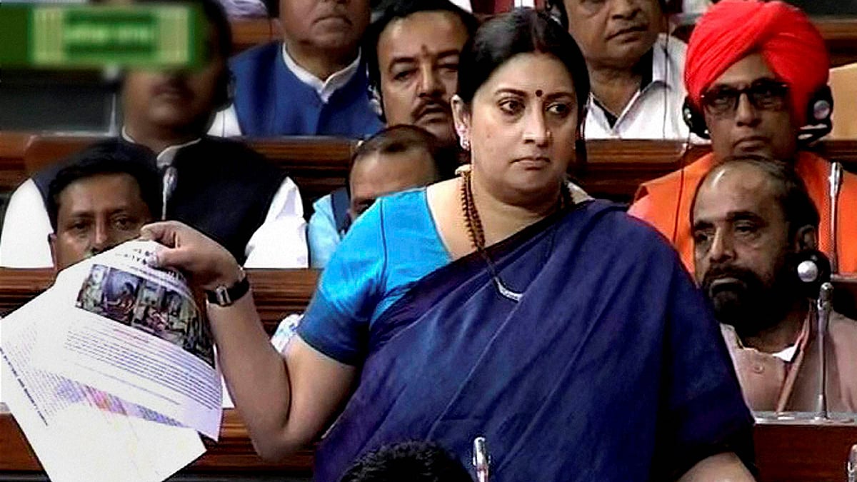 Smriti Irani slams Congress leaders in Lok Sabha. (Photo Courtesy: Lok Sabha TV)