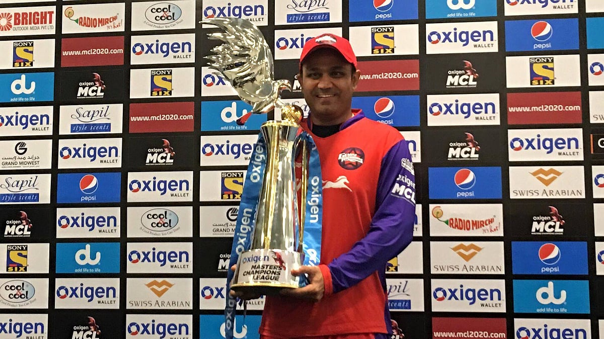 Virender Sehwag with the Masters Champions League trophy. (Photo Courtesy: <a href="https://web.facebook.com/MCL2020UAE/?fref=ts">Masters Champions League Facebook</a>)