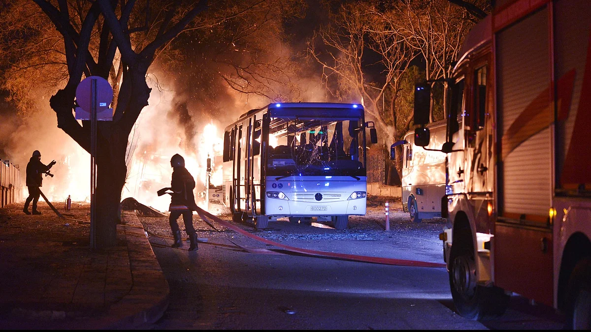 Firefighters work at a scene of fire from an explosion in Ankara. (Photo: AP)