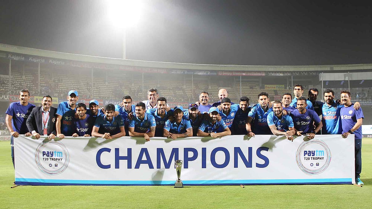 The Indian team with the series trophy. (Photo by: Ron Gaunt / BCCI / Sportzpics)