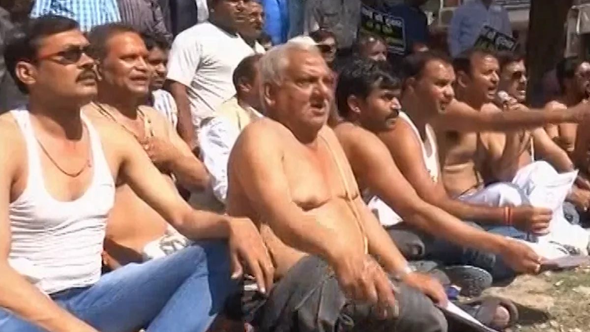 Upper-caste protesters organised a semi-nude protest rally in Kanpur on Wednesday demanding reservation. (Photo: ANI screengrab)