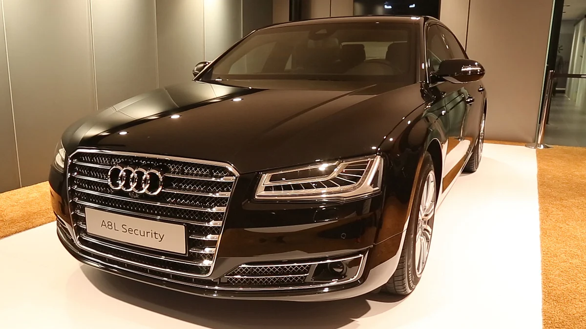 The Audi A8L Security on display at the Delhi Auto Expo 2016. (Photo: <b>The Quint</b>)