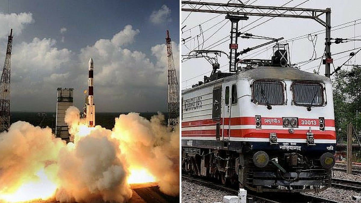 ISRO rocket launch (left) and a typical Indian train. (Photo: PTI)