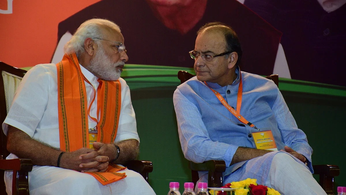 PM Narendra Modi with Finance Minister Arun Jaitley at BJP`s National Executive meet. (Photo: IANS)