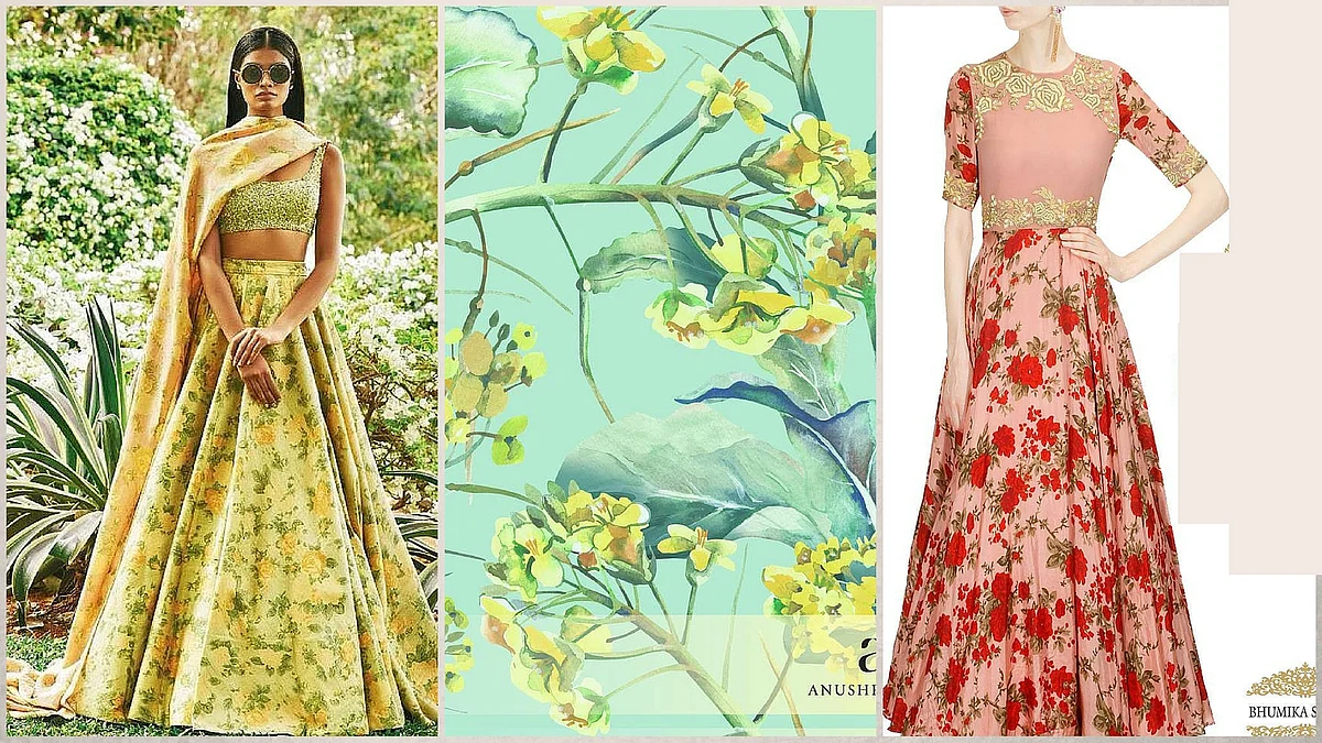 Model wearing a Sabyasachi lehenga, a print pattern,  and a Bhumika Sharma piece.
