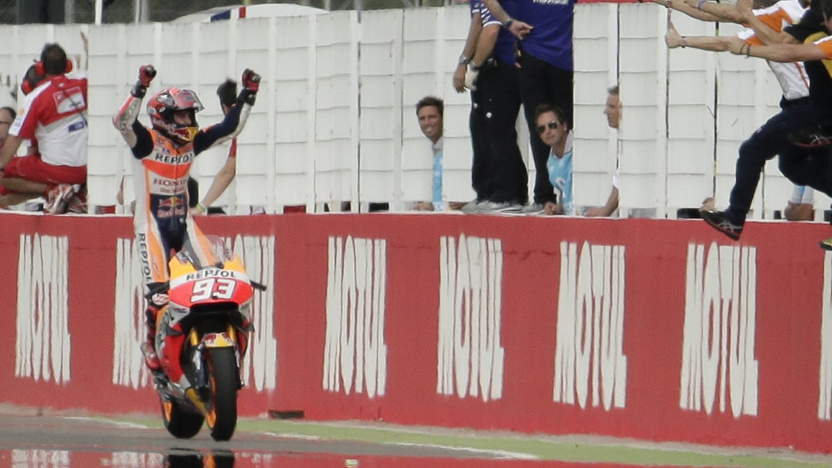 Marc Marquez of Spain celebrates after winning the Motorcycle Grand Prix at the Termas de Rio Hondo circuit in Argentina (Photo: AP)