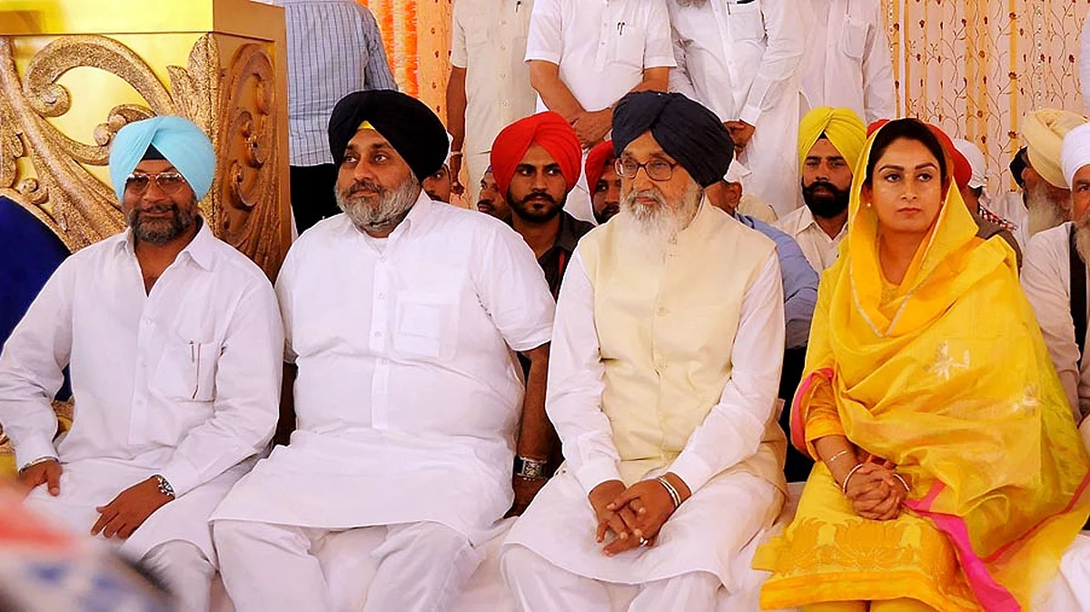 Punjab Chief Minister Parkash Singh Badal, Deputy Chief Minister Sukhbir Singh Badal and Union Minister of Food Processing Harsimrat Kaur Badal during a programme in Talwandi Sabo, Punjab on April 14, 2015. (Photo: IANS)