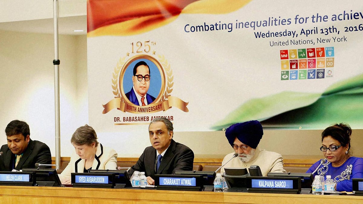 India’s Permanent Representative to the UN, Syed Akbaruddin with other dignitaries at the commemoration of BR Ambedkar’s 125th birth anniversary at the UN headquarters on Wednesday. (Photo: PTI)