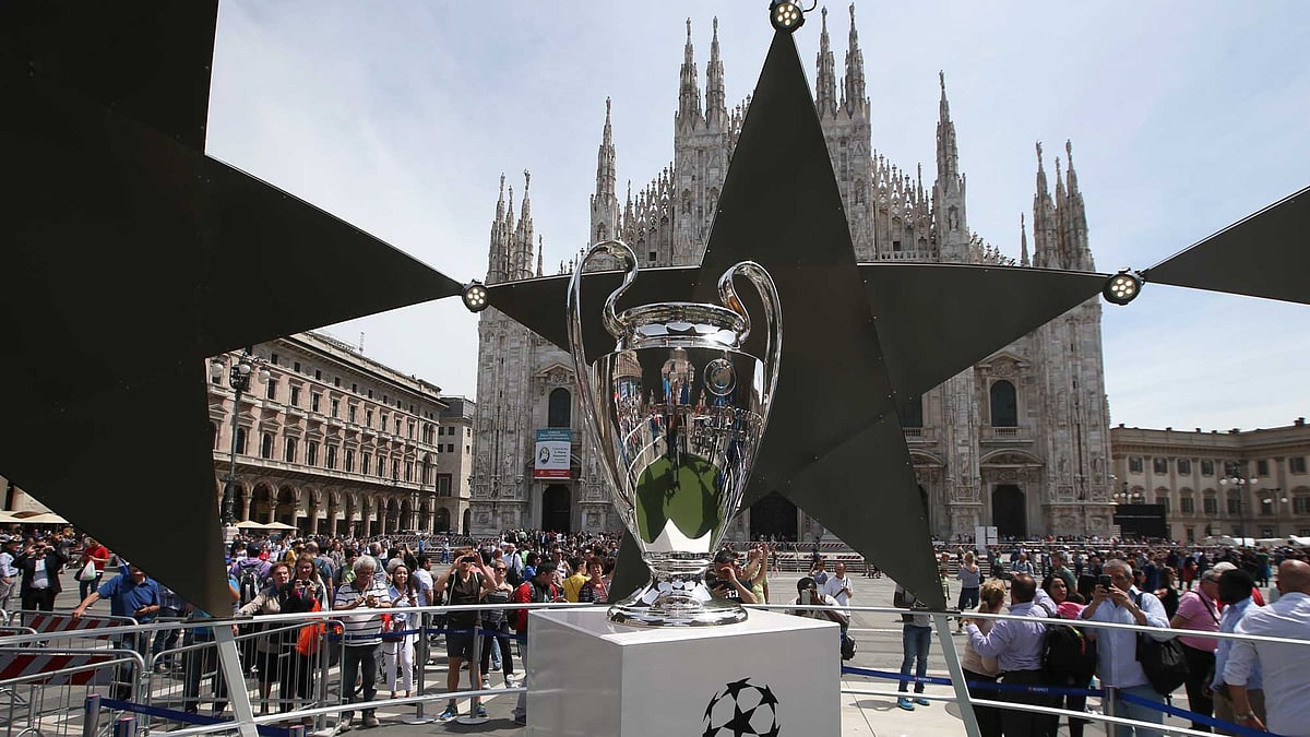 The Champions League trophy is placed in front of at the Duomo gothic cathedral, during Champions Festival event, in Milan, Italy. (Photo: AP)