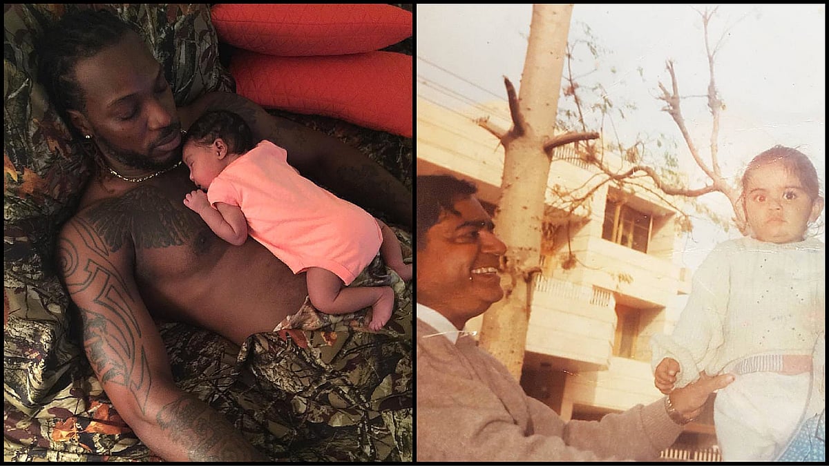 Chris Gayle with his infant son (left) and Virat Kohli with his decease with his deceased father. (right)