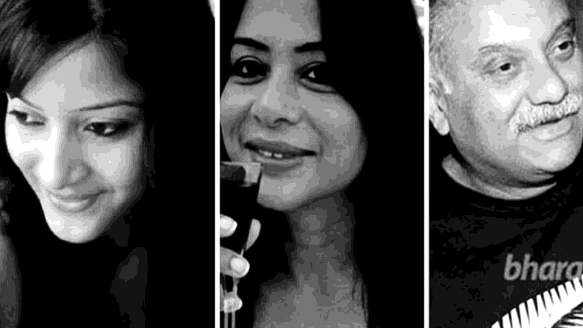  Sheena Bora (left), Indrani Mukerjea (centre), and Peter Mukerjea (right).&nbsp;
