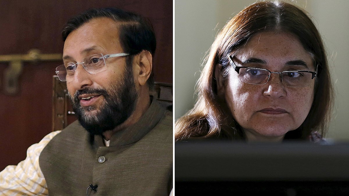 Union Environment Minister Prakash Javdekar and Women and Child Development Minister Maneka Gandhi. (Photo: Reuters/ Altered by <b>The Quint</b>)