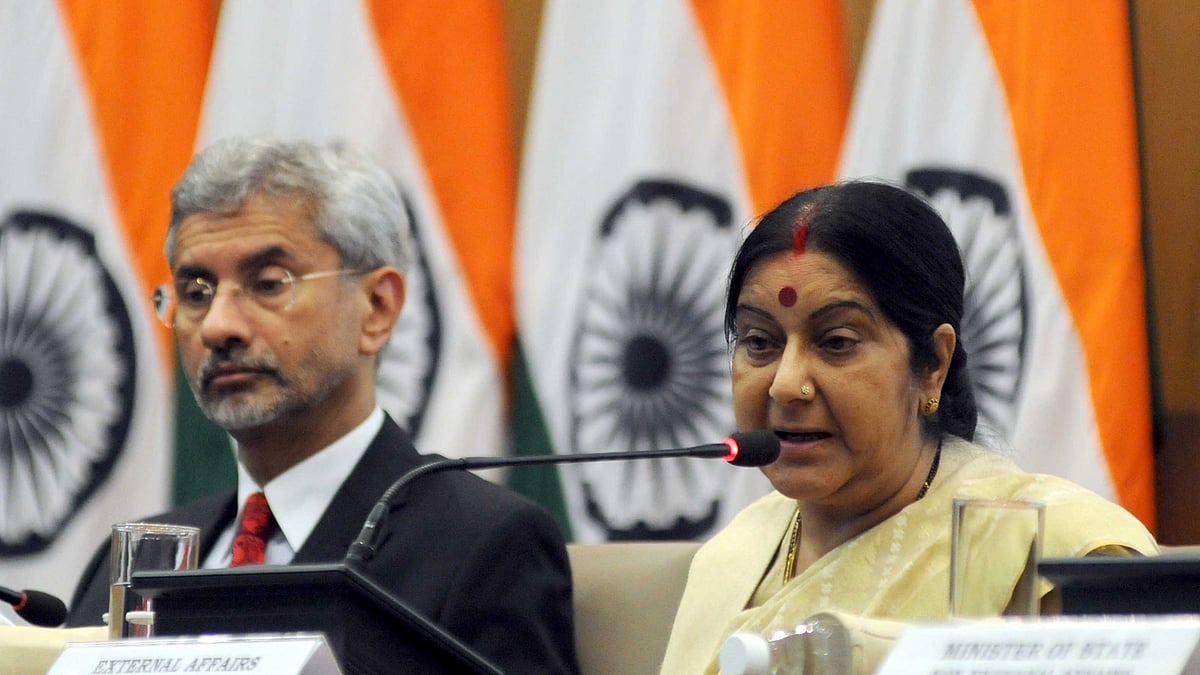 External Affairs Minister Sushma Swaraj addresses a press conference in New Delhi, on 19 June  2016. Also seen Foreign Secretary S Jaishankar. (Photo: IANS)