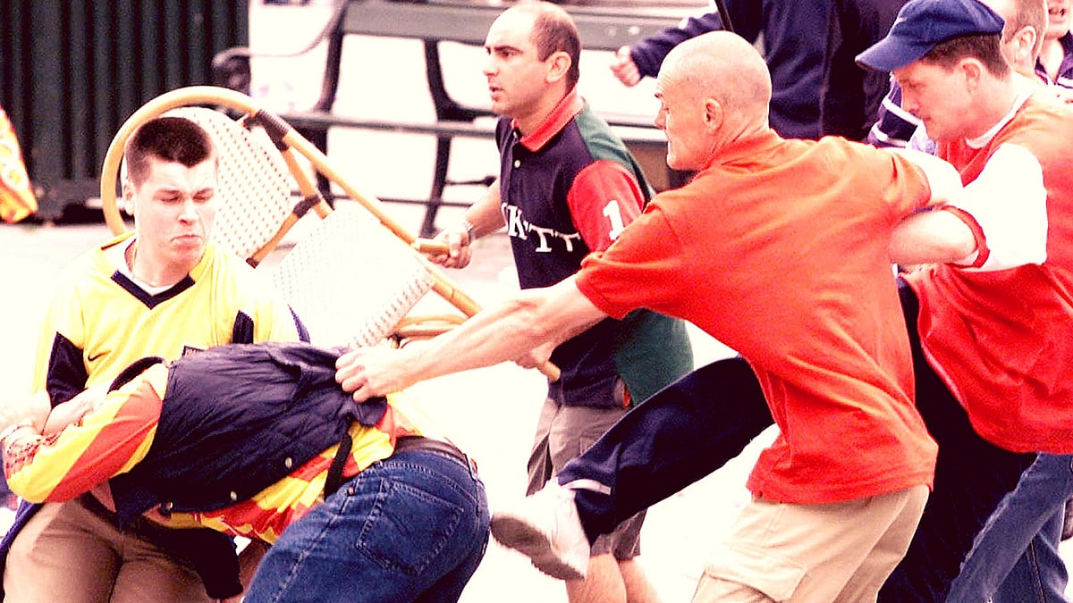 Arsenal and Galatasaray fans fight against each other ahead of the UEFA Cup Final, 2000. (Photo: Reuters)