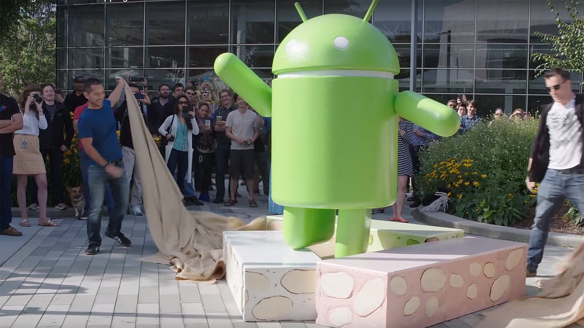 Android N Statue being unwrapped. (Photo Courtesy: YouTube screen grab)