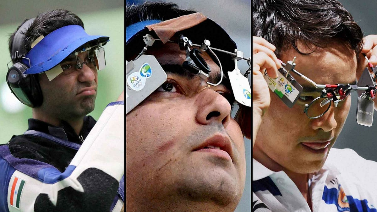 Abhinav Bindra (L), Gagan Narang (M) and Jitu Rai (R). (Photo: AP/Reuters/PTI)