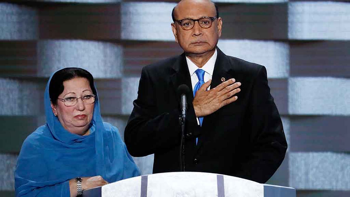 Parents of US Army Captain, Humayun Khan who was killed by a bomb in Iraq in 2004 speak at the Democratic convention. (Photo: AP)