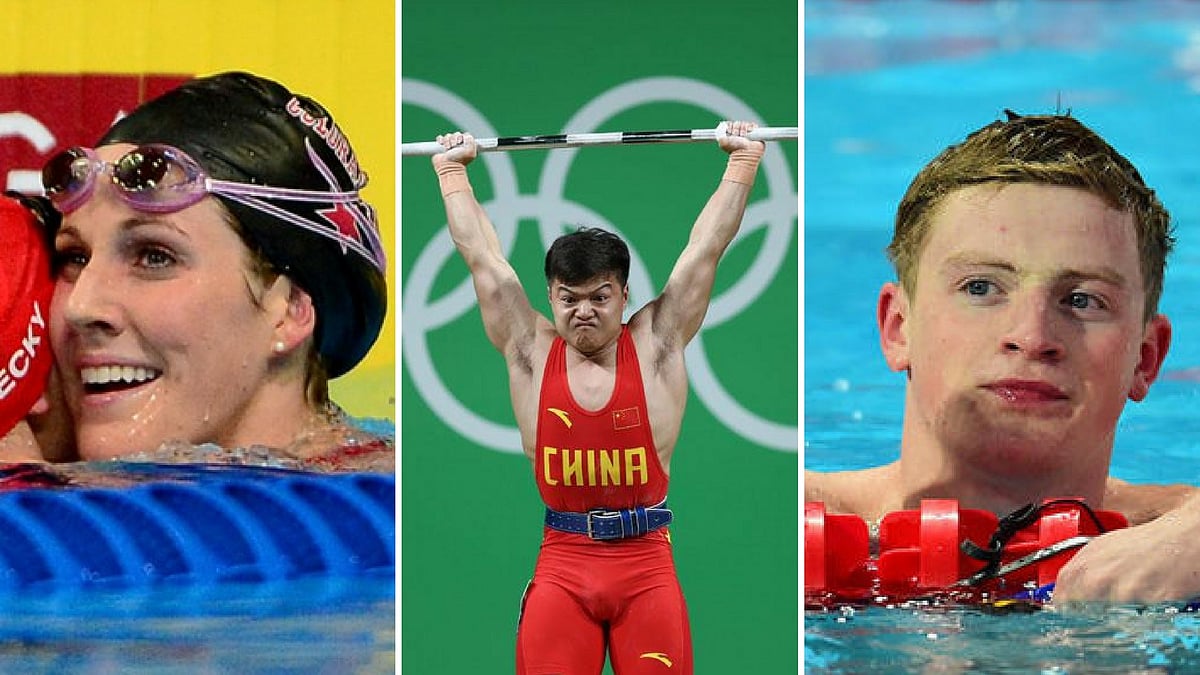 Katie Ledecky, Long Qingquan and Robert Peaty. (Photo altered by <b>The Quint</b>)