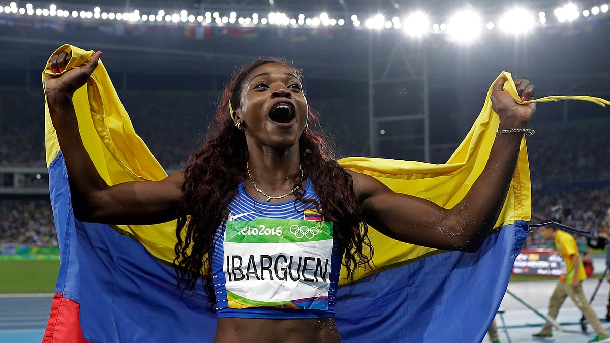 Colombia’s Caterine Ibarguen celebrates after winning the triple jump final at Rio. (Photo: AP)
