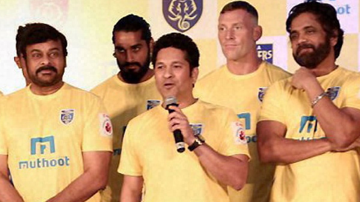 Sachin Tendulkar speaks after the Kerala Blasters’ team and jersey for the third season of the ISL were unveiled. (Photo: PTI)