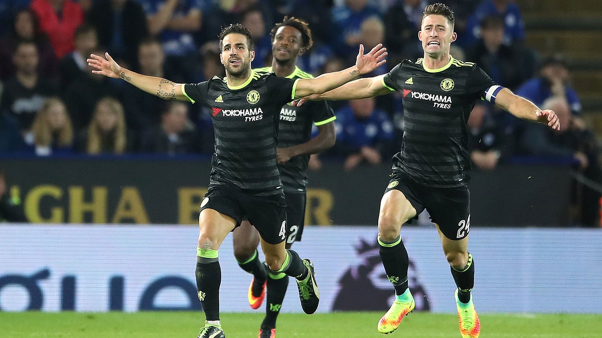Chelsea players celebrates after scoring a goal against Leicester City in the English League Cup. (Photo: AP)
