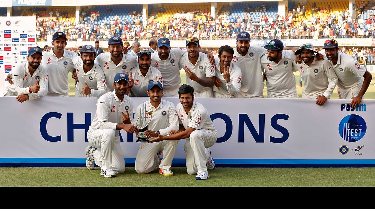 India’s players pose with the trophy after winning the test series.  (Photo: Reuters)