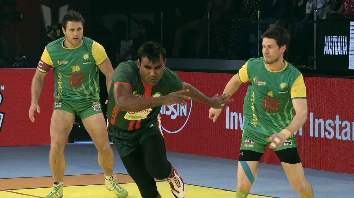 Players in action during a 2016 Kabaddi World Cup match between Bangladesh and Australia in Ahmedabad (Photo: IANS)