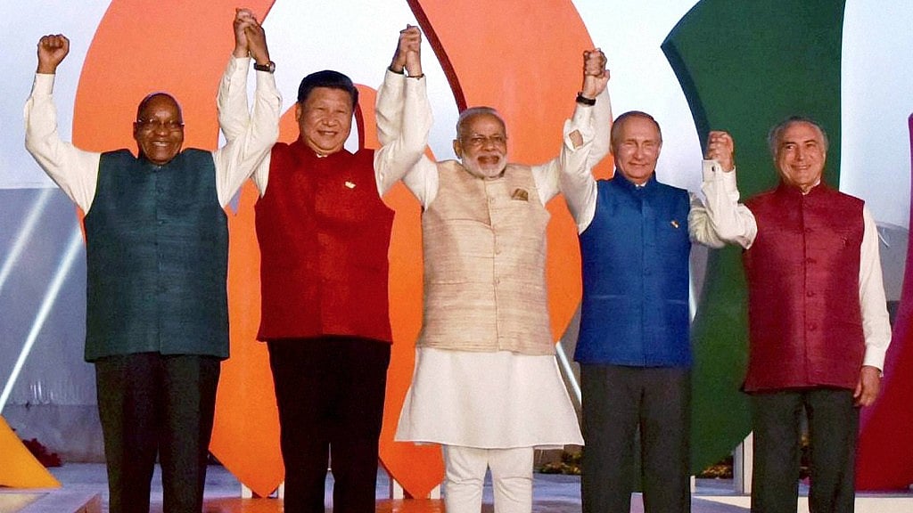 (From left) South African President Jacob Zuma, Chinese President Xi Jinping, Prime Minster Narendra Modi, Russian President Vladimir Putin and Brazilian President Michel Temer. (Photo: PTI)
