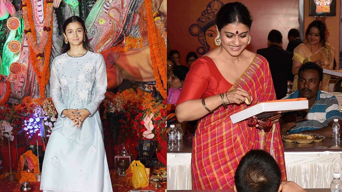 Alia Bhatt and Kajol at a Durga Puja pandal in Mumbai. (Photo: Yogen Shah)