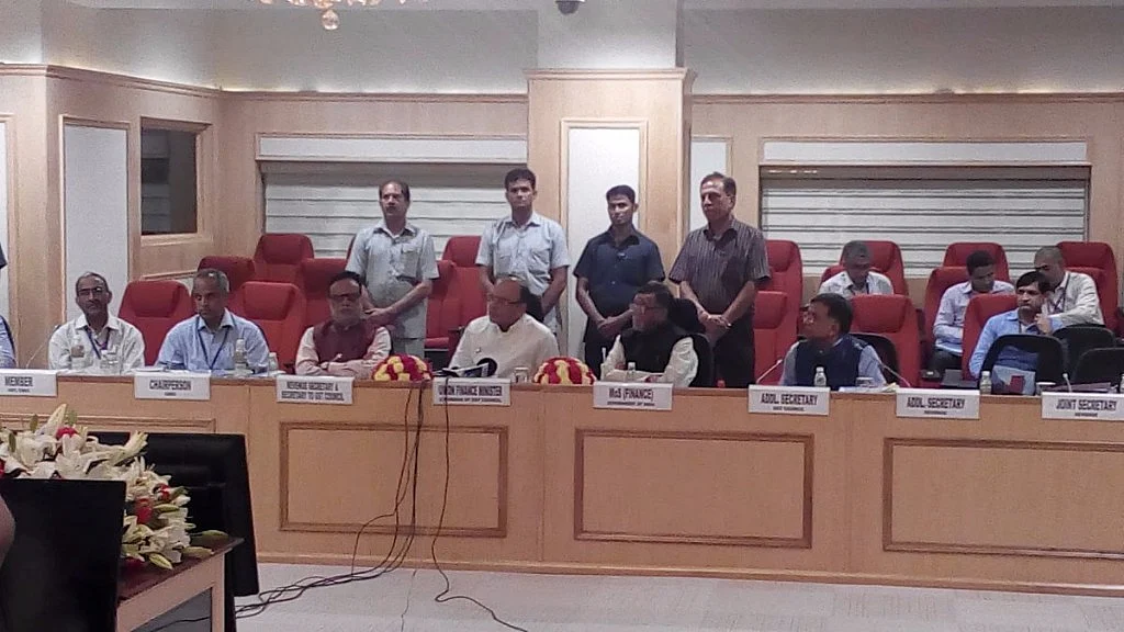 Finance Minister Arun Jaitley briefing the media after the first day of the third GST Council meeting in New Delhi on Tuesday, 18 October 2016. (Photo Courtesy: Twitter/<a href="https://twitter.com/FinMinIndia/status/788374351779332096">@FinMinIndia</a>)