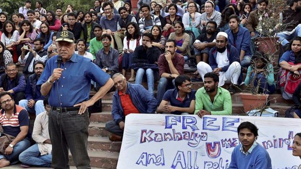 Admiral (Retd) Ramdas addresses the students agitating for the release of JNUSU president Kanhaiya Kumar at the Jawahar Lal Nehru University campus in New Delhi. (Photo: PTI)