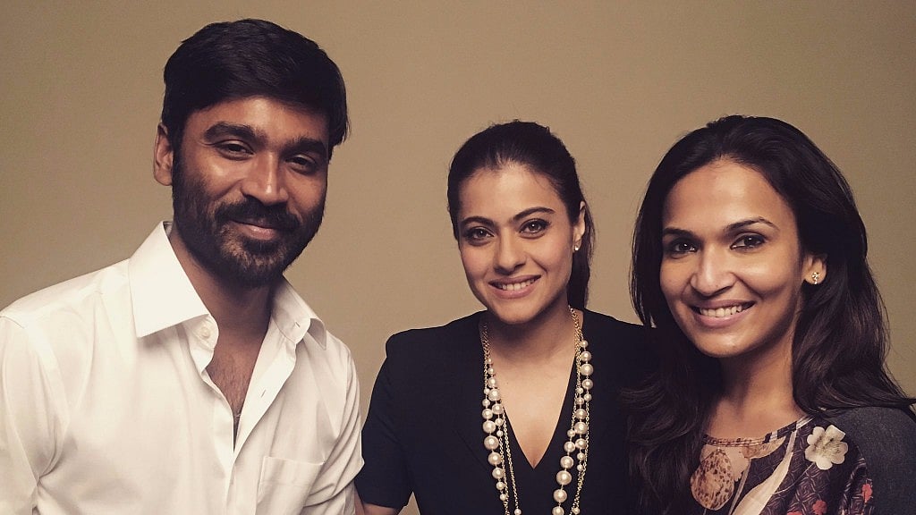 Dhanush, Kajol and Soundarya Rajinikanth. (Photo courtesy: Twitter)