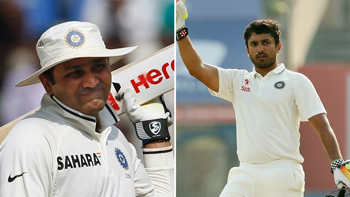 Vierender Shewag (left) and Karun Nair. (Photo: Reuters/BCCI)