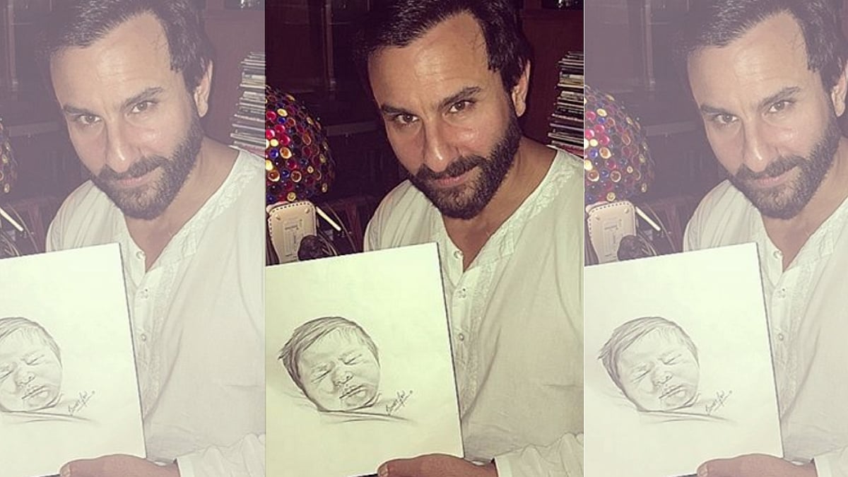 Saif Ali Khan with his son’s portrait. (Photo courtesy:<a href="https://www.instagram.com/p/BPCIjMaDGMG/?hl=en&amp;taken-by=sakpataudi"> Instagram/ @sakpataudi</a>)