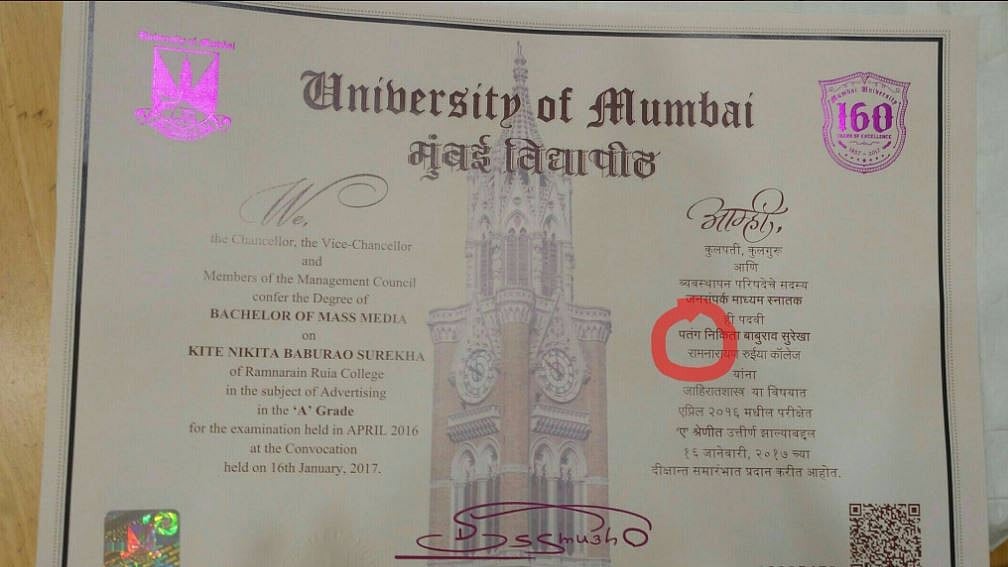 Nikita Kite’s marksheet from University of Mumbai. (Photo Courtesy: Twitter/<a href="https://twitter.com/kite_nik">Nikita Kite‏</a>)