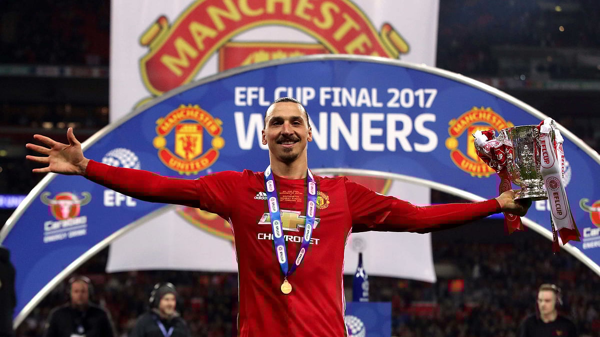 Manchester United’s Zlatan Ibrahimovic with the trophy after the EFL Cup Final at Wembley Stadium. (Photo: AP)