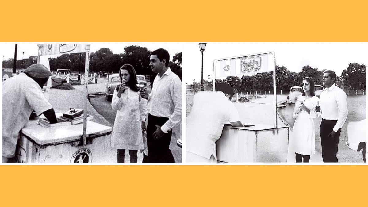 Karanvir Bohra and Priyanka recreate a photograph featuring Rajiv Gandhi with Sonia. (Photo courtesy: Twitter)