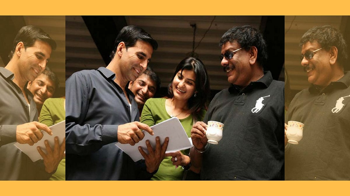 Filmmaker Priyadarshan with Akshay Kumar on the sets.&nbsp;