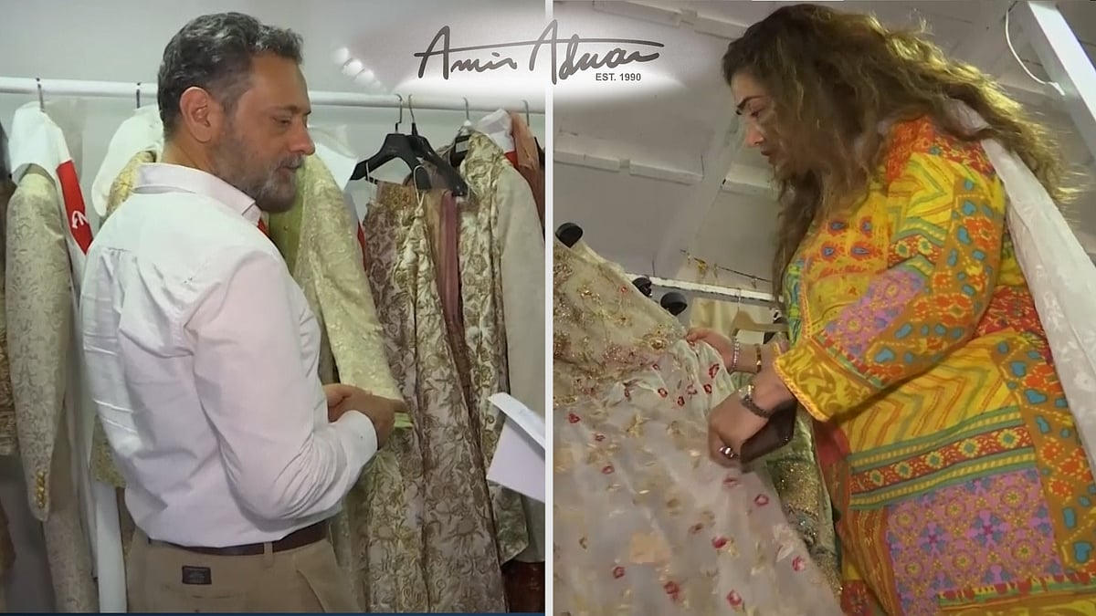 Amir Adnan and Huma Adnan, the Pakistani designer couple. (Photo Courtesy: AP Videograb/Image altered by <b>The Quint</b>)