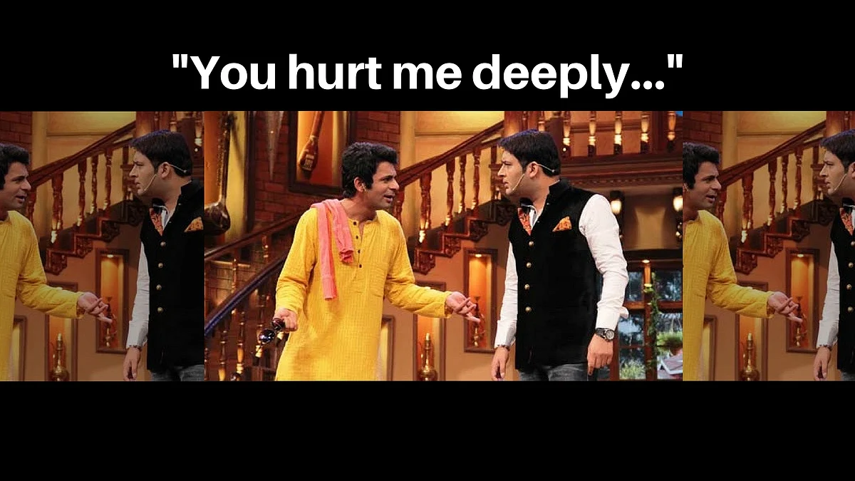 Kapil Sharma and Sunil Grover share the stage on <i>The Kapil Sharma Show</i>. (Photo courtesy: Sony TV / Altered by The Quint)