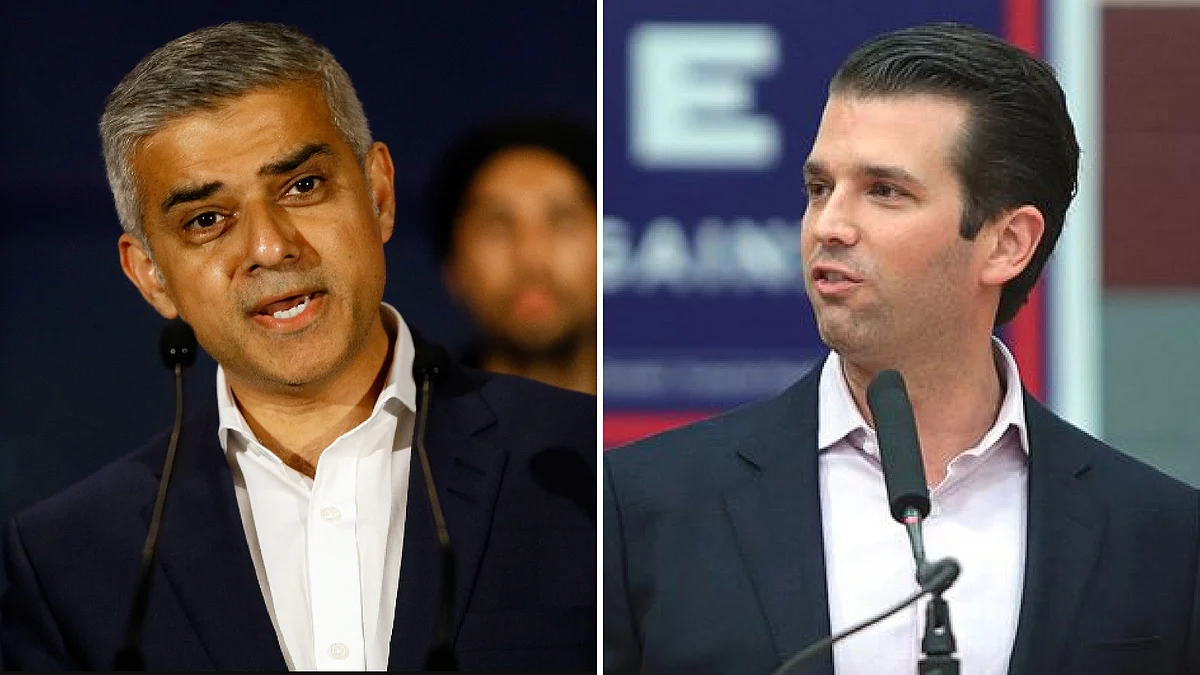 London Mayor Sadiq Khan (left) Donald Trump Jr (right) (Image: AP/Wikimedia Commons/<b>Altered by The Quint</b>)