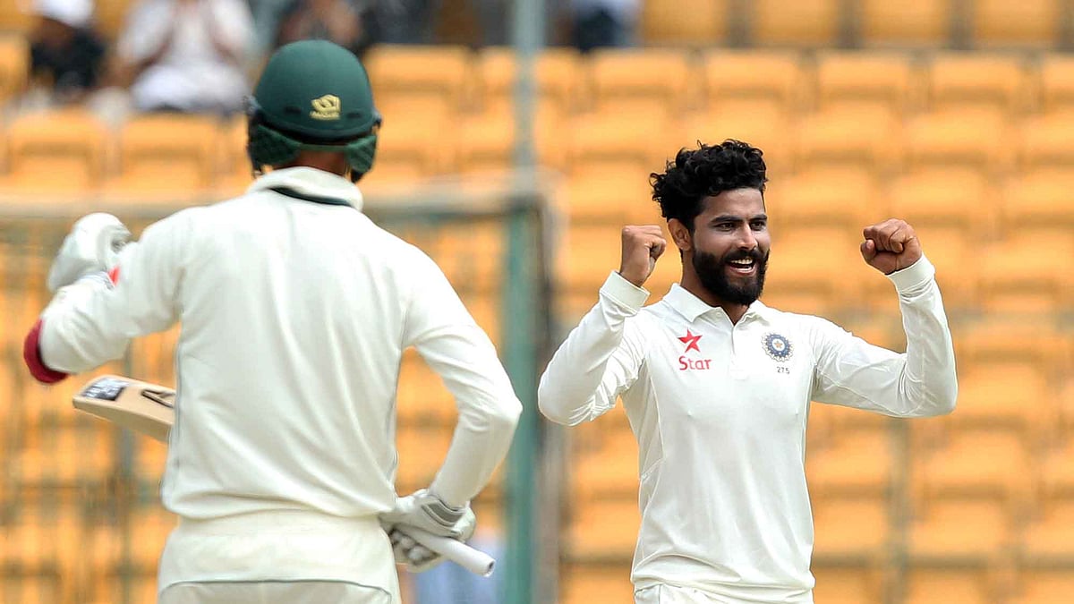 Ravindra Jadeja of India celebrates the wicket of Nathan Lyon of Australia during day three of the second test match between India and Australia held at the M Chinnaswamy Stadium. (Photo: BCCI)``