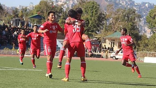 The Aizawl FC celebrate a goal during their final match against Shillong Lajong FC. (Photo Courtesy: <a href="https://twitter.com/AizawlFC">Twitter/@AizawlFC</a>)