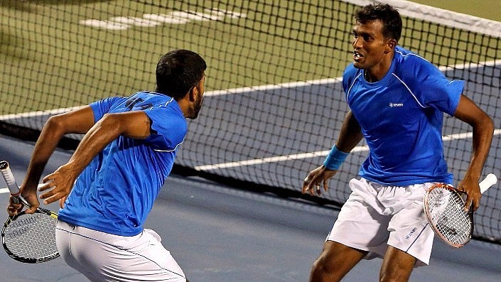 Rohan Bopanna, left, celebrates with his partner Sriram Balaji after their win over Uzbekistan in the Davis Cup tie in Bengaluru. (Photo: BCCI)