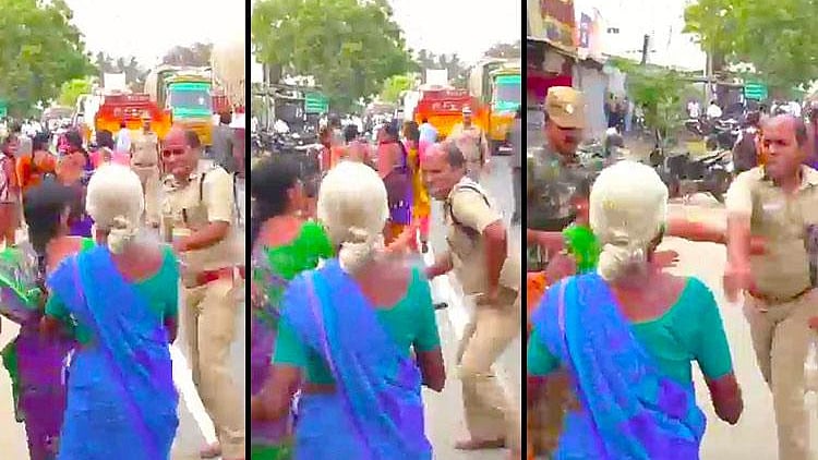The assault video, played by Puthiya Thalaimurai, shows a police officer pushing a woman with his <i>lathi</i>, and then slapping her. (Photo Courtesy: The News Minute)