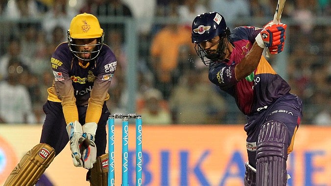 Pune’s Rahul Tripathi plays a shot in the match against Kolkata Knight Riders. (Photo: BCCI)