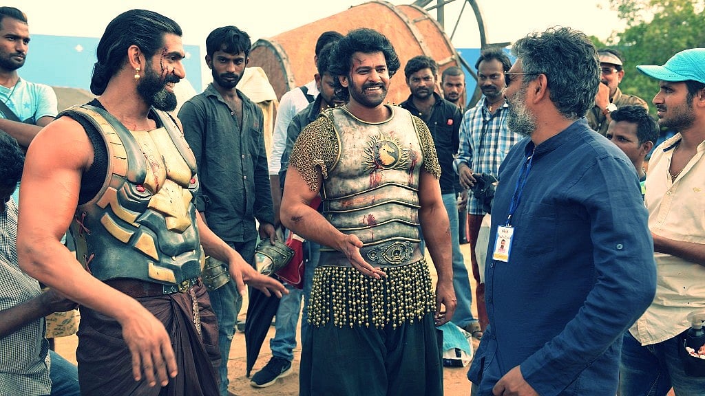 SS Rajamouli with Prabhas and Rana Daggubati on the sets of <i>Baahubali 2. </i>(Photo courtesy: Facebook)