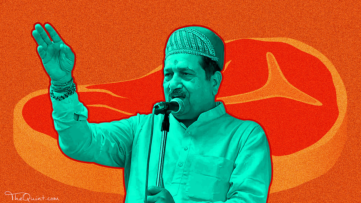 Indresh Kumar, of RSS’ Muslim wing Muslim Rashtriya Manch, has asked Muslims to give up meat. (Graphic: Rhythum Seth/<b>The Quint</b>)