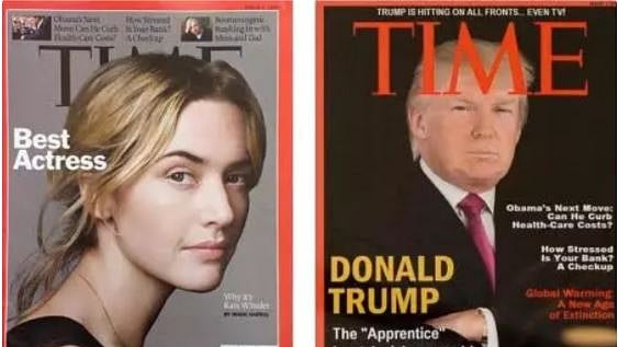 The original cover featuring Kate Winslet (left) and the fake cover that has been framed and hanged in Trump’s golf clubs (right).